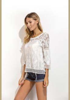 Elegant crochet flower lace O shaped neckline blouse shirt
