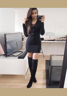 Black Plain Drawstring V neck Long Sleeve Mini Dress