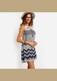 2017 Summer New Casual Sleeves O shaped Neck Dress Beach Lace Style Chiffon Dresses Fashion Stripe Printed Lace Dress