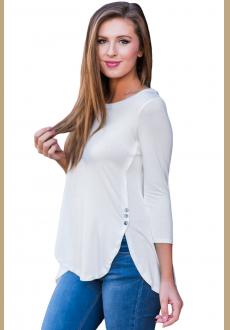 Sleeve Blouse with Button Slit Detail Round Neck Tunic Top Shirt Loose Fit for Women