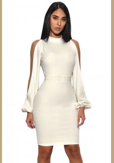 White Cut Out Sleeve Stretch Crepe Bandage Party Dress
