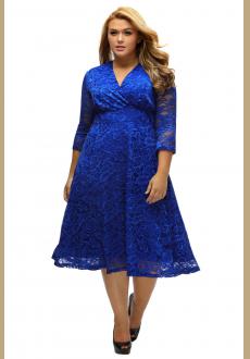 Blue Plus Size Surplice Lace Formal Skater Dress
