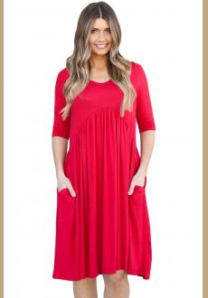 Red  Sleeve Draped Swing Dres