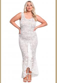 White Plus Size Floral Lace Ruffle Mermaid Maxi Gown