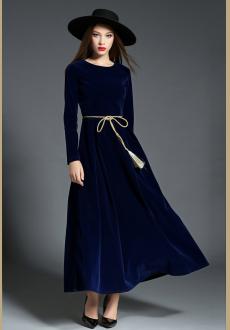 Retro Vintage Dark Blue Velvet Dress Women Long Sleeve Collar Dresses