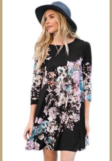 Dark Floral Long Sleeve A Line Tunic Dress