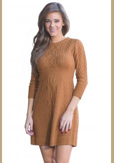Brown Cable Knit Fitted  Sleeve Sweater Dress