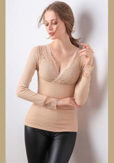 Lace V-neck double-layer thermal  underwear long-sleeved winter underwear set