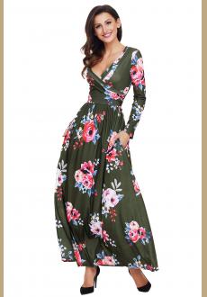 Olive Floral Surplice Long Sleeve Maxi Boho Dress