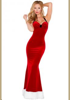 Winter Hot Sexy Red Halter Bodycon Party Mermaid Maxi Dress Backless New Year Fantasy Christmas Costumes Outfit For Wome