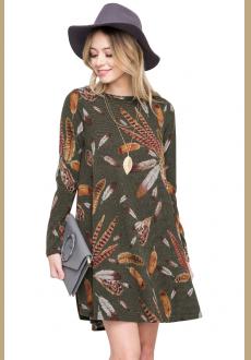 Olive Feather Graphic Pocket Tunic Dress