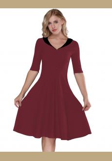 Women's Wine Red & Black   Retro Vintage Style Cocktail Party Swing Dress