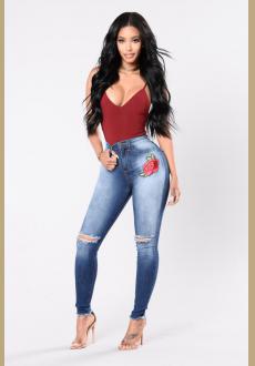 Women's High Waist Rose Embroidered Ripped Denim Skinny Jeans With Pocket