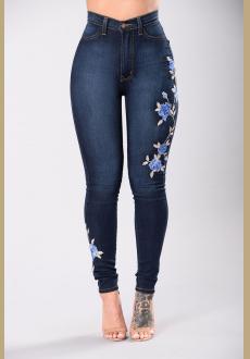 Women Sexy Floral High Waist Pencil Jeans Trousers Flower Embroidered Denim Pants