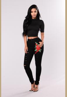 Women Rose Embroidered Denim High Waist Ripped Skinny Jeans