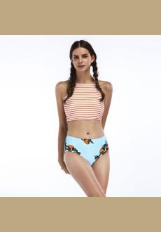 Peachy Striped Switchback High-Waist Bikini Set