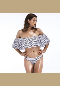 Sexy Flounces Ruffle Stripes Printed Off Shoulder Bikini Sets Falbala bikini