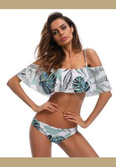 Women's Halter Floral Leaf Print Off Shoulder Ruffle Two Piece Swimsuit