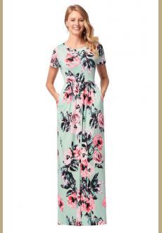Women's Short Sleeve Floral Print Maxi Dress With Pockets