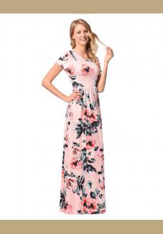 Women's  Sleeve Floral Print Maxi Dress With Pockets
