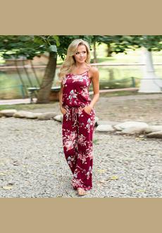 women sexy The floral neck jumpsuits wide leg pants Casual jumpsuit strap of the ladies Sleeveless overalls 3 colors