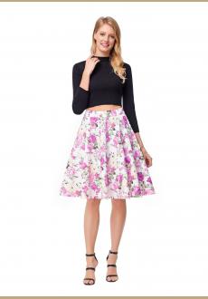 Vintage High Waist A-Line Rose Print Skirt