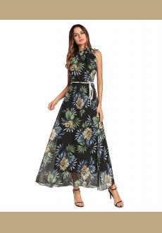 Women Sleeveless Chiffon High-Necked  Long Bohemian Dresses Casual Loose Floral Printed Summer Vacation Maxi Dress 