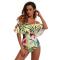Women One Piece flounce Swimsuit leaf Printed Off Shoulder Padded Bathing Suit