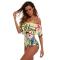 Women One Piece flounce Swimsuit leaf Printed Off Shoulder Padded Bathing Suit
