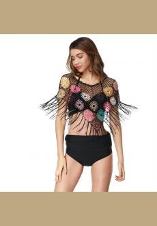 Women Hollow Tassel Floral Bead Bikini Cover Up Fringe Crochet Cloak Sunblock Shawl 