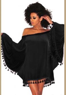 Black Off Shoulder Black Tassel Trim Dress