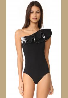 Layered Ruffle One Shoulder One Piece Swimsuit in Black