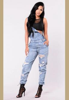 Women Ripped Denim Jumpsuit Overalls Pockets Button Casual Dungarees Long Jeans Playsuit Rompers