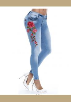 Sexy Women Embroidered Stretch Jeans High Waist Button Pockets Skinny Pencil Denim Pants