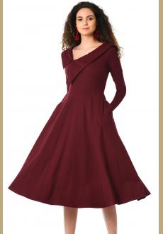 Burgundy Retro Inspired Asymmetric Collar Flared Dress