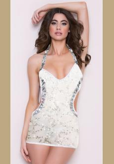 White Sequin Halter Style Babydoll with Cut Out Sides 