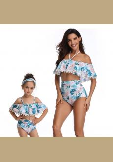 4Clovers Summer Cute Mommy Girls Bikini Set Halter Ruffles Family Matching Swimwear Two Piece Swimsuit