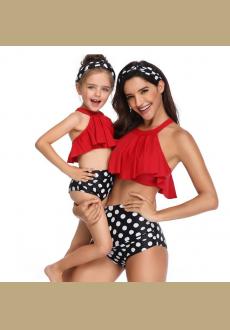Split Parent-Child Swimwear Print High Waist Bikini Matching Clothes Women Swimwear Floral Print Solid Color Wading Clot
