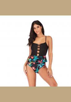 Women's Fashion Plus Size Lace Up Printed One Piece Swimwear Swimsuit