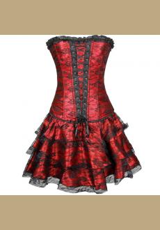 Red Women Layered Lace Up Bone Corsets Floral Corset Dress Women Bustier With Mini Skirt