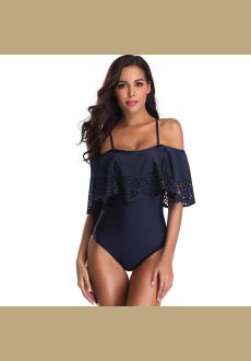 Women One Piece Sexy V Neck Off Shoulder Ruched Flounce Flutter Tummy Control Backless Monokini Swimsuit