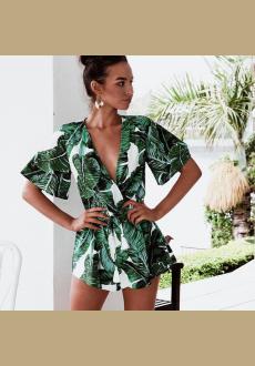 summer beach cover up leaf print jumpsuit sexy playsuit women beach dress deep v neck jumpsuit women