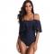 Women One Piece Sexy V Neck Off Shoulder Ruched Flounce Flutter Tummy Control Backless Monokini Swimsuit