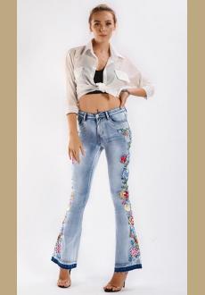 Flower Embroidery Denim Flared Pants in Blue