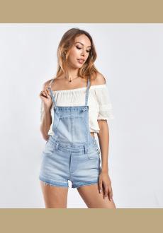 High Waisted Solid Denim Romper Shorts in Light Blue