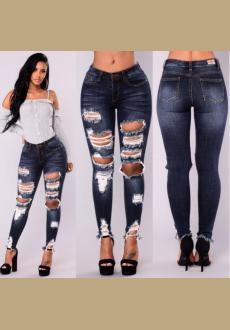 Women Fashion Ripped High Waist Bodysuit Denim Jeans Pencil Pants