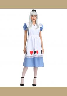 Adorable Blue and White Puff Sleeve Dress Wonderland Cosplay Costume with Poker Apron