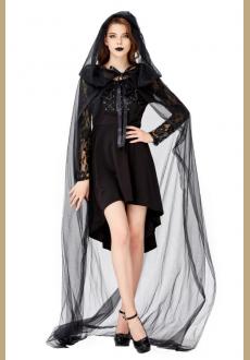 Gothic Black Vampire High low Dress and Mesh Long Cloak Adult Ghost Halloween Costume