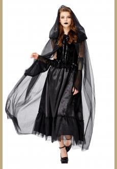 Gothic Black Ghost Bride Dress Adult Vampire Cloak and Dress Halloween Costume