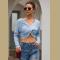 Light-blue Twisted V Neck Long Sleeve Sexy Cropped Sweater Top